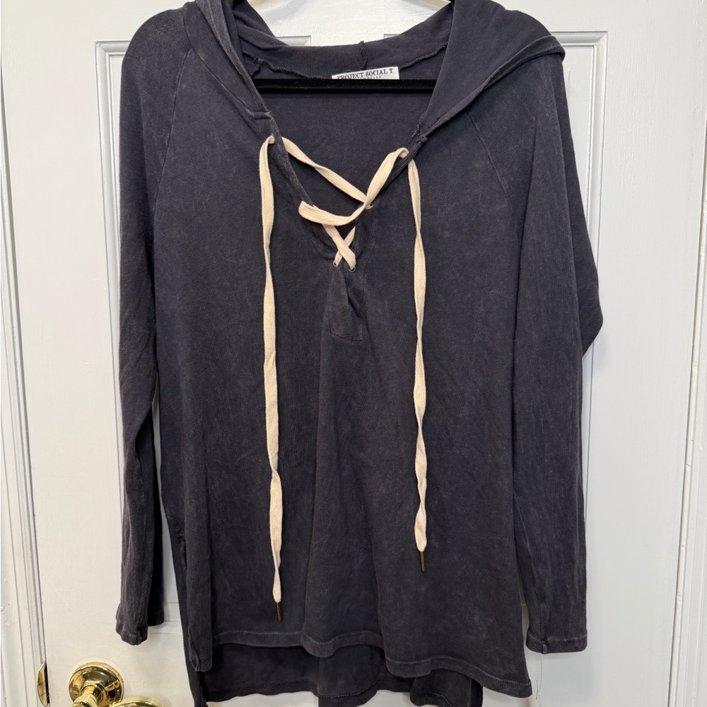 Project Social T Bali Coal Lace-Up Hooded Pullover Hoodie Top NWT Size Medium